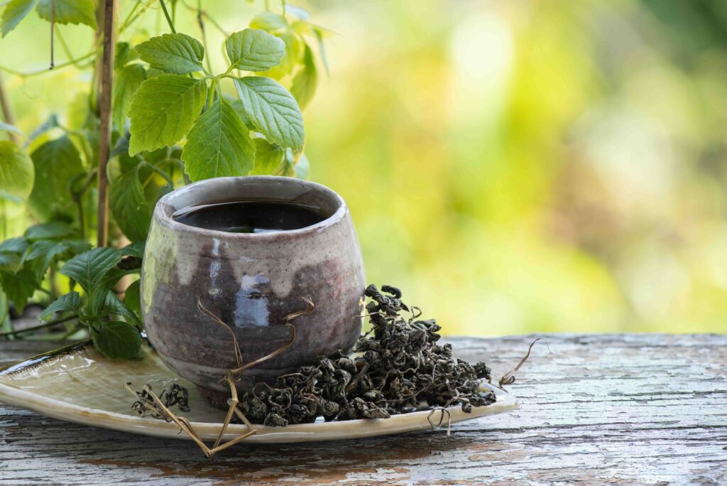 Fresh and dried gynostemma pentaphyllum or jiaogulan leaves and tea on bokeh nature background.