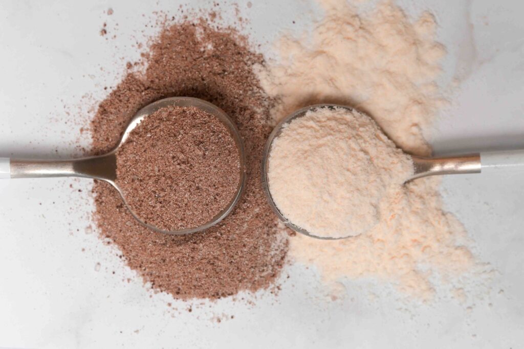 Dietary supplement for health and beauty - collagen, vitamins, biotin or protein powder in spoon