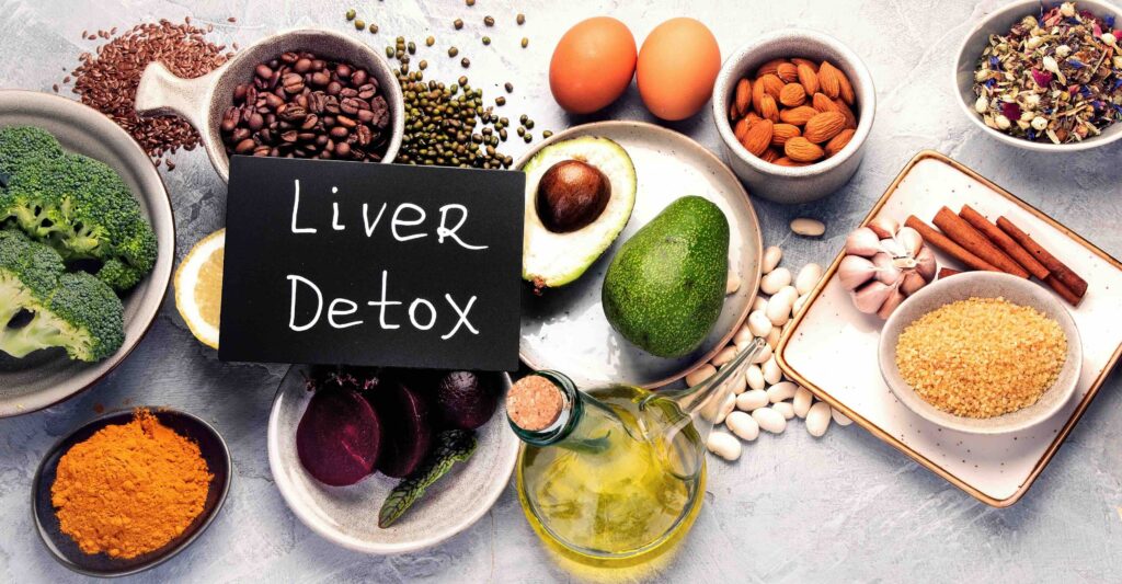 Best sources for liver health. Health fruits and vegetables high in antioxidants and fiber. Top view, flat lay, copy space