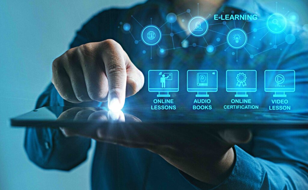 Engaging with Diverse E-Learning Opportunities on Tablet :An individual taps into a variety of e-learning options on a tablet, highlighting the diverse educational content available digitally.