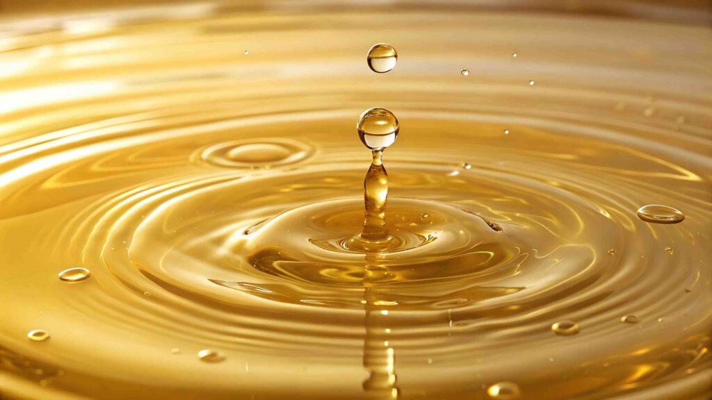 A close-up shot captures the golden surface of vegetable oil, with subtle ripples and bubbles visible