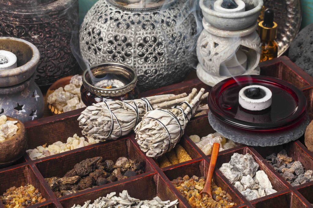 Various kinds of incense: myrrh, frankincense, messer, copaiba, elemi camonya, palo santo, salvia apiana,gowe -thiouraye, borena