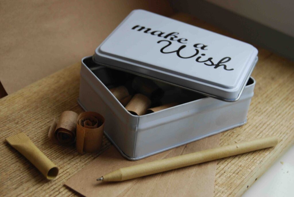 Wish Box with Scrolls on Wooden Table