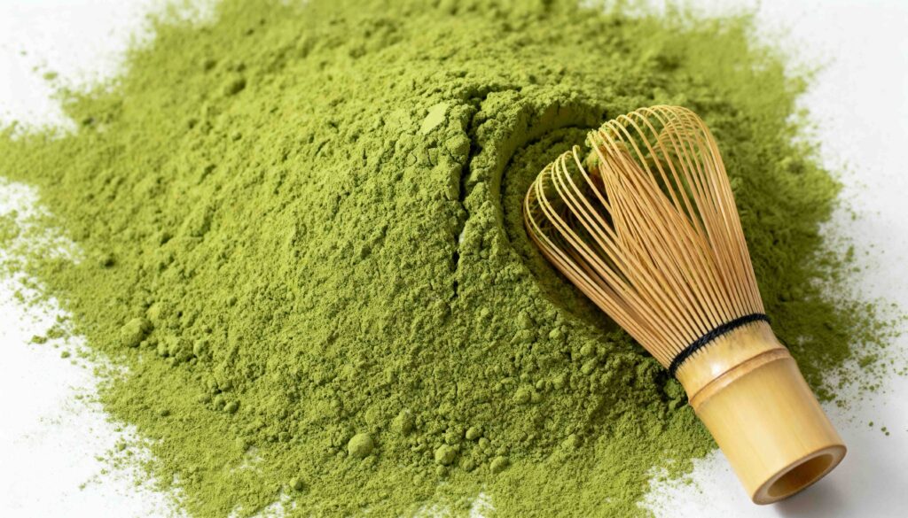 An overhead shot of a large pile of vibrant green Matcha tea powder, with a traditional bamboo whisk (Chasen) resting on top.