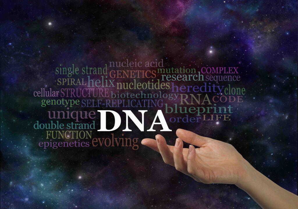 The Specifics of DNA - female hand with the acronym DNA floating above surrounded by a relevant word cloud on a deep space night time background with copy space